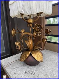 Vintage Mid Century Italian Gilt Roses Flowers Table Lamp Candelabra