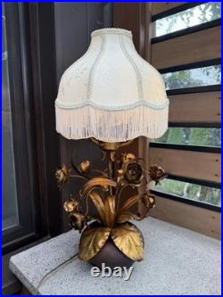 Vintage Mid Century Italian Gilt Roses Flowers Table Lamp Candelabra