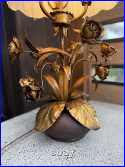 Vintage Mid Century Italian Gilt Roses Flowers Table Lamp Candelabra