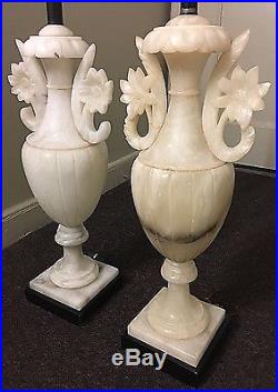 Vintage Mid Century Large 30 Tall Pair Urn Lamps Italian 60s Alabaster Flowers