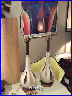 Vintage Mid Century Modern 60s Teak Ceramic Table Lamps (qty 2) Excellent