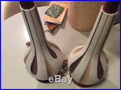 Vintage Mid Century Modern 60s Teak Ceramic Table Lamps (qty 2) Excellent