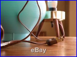 Vintage Mid Century Modern Atomic Turquoise Aqua Beehive Lamp Wooden Tripod Base