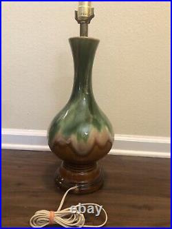 Vintage Mid Century Modern Brown Green Drip Glaze Ceramic Table Lamp