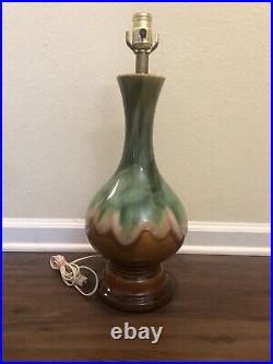 Vintage Mid Century Modern Brown Green Drip Glaze Ceramic Table Lamp