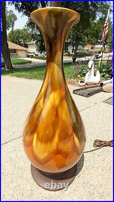 Vintage Mid Century Modern Ceramic Amber Earthy Brown Drip Glaze Lava Table Lamp