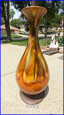 Vintage Mid Century Modern Ceramic Amber Earthy Brown Drip Glaze Lava Table Lamp