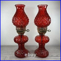 Vintage Mid Century Modern Cranberry Red Bedside Table Lamp Pair Nice