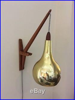 Vintage Mid Century Modern Danish Teak & Brass Wall Lamp Sconce