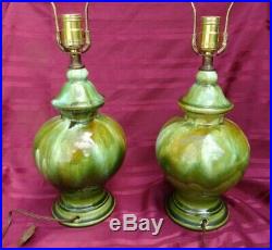Vintage Mid-Century Modern Green Drip Glaze Pottery Ginger Jar Table lamps Pair