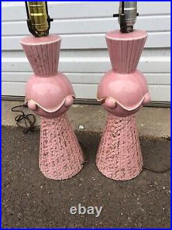 Vintage Mid Century Modern Pair Of Pink And Gold Ceramic Table Lamps Atomic MCM