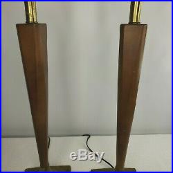 Vintage Mid Century Modern Pair Teak and Brass Table Lamps All Original