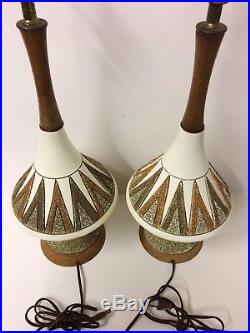 Vintage Mid Century Modern Retro Table Lamps Atomic Boomerang Ceramic Teak Art