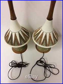 Vintage Mid Century Modern Retro Table Lamps Atomic Boomerang Ceramic Teak Art