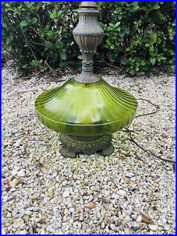 Vintage Mid Century Optical Green Glass & Brass Hollywood Regency Table Lamp