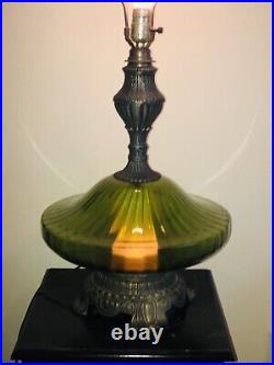 Vintage Mid Century Optical Green Glass & Brass Hollywood Regency Table Lamp