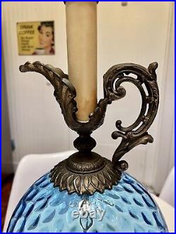 Vintage Mid Century Optical Topaz Blue Glass Pitcher Ewer Brass Hollywood Lamp