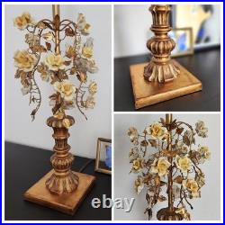 Vintage Mid Century Ornate Italian Gold Gilt Tole Lamp with Yellow Porcelain Roses