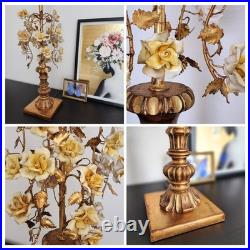 Vintage Mid Century Ornate Italian Gold Gilt Tole Lamp with Yellow Porcelain Roses