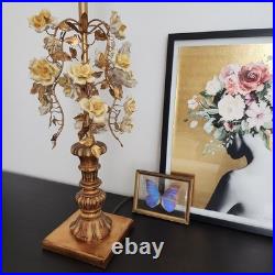 Vintage Mid Century Ornate Italian Gold Gilt Tole Lamp with Yellow Porcelain Roses Vintage Mid Century Ornate Italian Gold Gilt Tole Lamp with Yellow Porcelain Roses