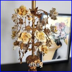 Vintage Mid Century Ornate Italian Gold Gilt Tole Lamp with Yellow Porcelain Roses