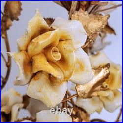 Vintage Mid Century Ornate Italian Gold Gilt Tole Lamp with Yellow Porcelain Roses Vintage Mid Century Ornate Italian Gold Gilt Tole Lamp with Yellow Porcelain Roses