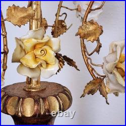 Vintage Mid Century Ornate Italian Gold Gilt Tole Lamp with Yellow Porcelain Roses