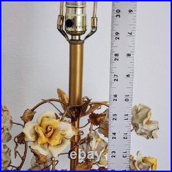 Vintage Mid Century Ornate Italian Gold Gilt Tole Lamp with Yellow Porcelain Roses Vintage Mid Century Ornate Italian Gold Gilt Tole Lamp with Yellow Porcelain Roses