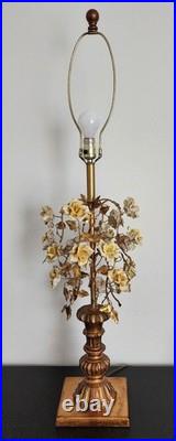 Vintage Mid Century Ornate Italian Gold Gilt Tole Lamp with Yellow Porcelain Roses