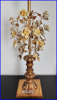 Vintage Mid Century Ornate Italian Gold Gilt Tole Lamp with Yellow Porcelain Roses Vintage Mid Century Ornate Italian Gold Gilt Tole Lamp with Yellow Porcelain Roses