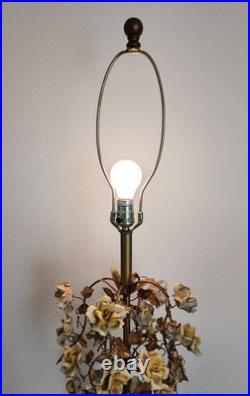 Vintage Mid Century Ornate Italian Gold Gilt Tole Lamp with Yellow Porcelain Roses