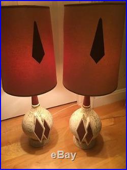 Vintage Mid Century Pair Danish Modern Eames Teak Ceramic Pottery Table Lamps