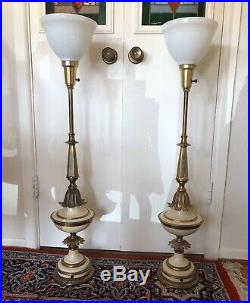 Vintage Mid-Century Pair Of Stiffel Table Lamps Brass Enamel -Torch 3-Way 39