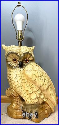Vintage Mid-Century Plaster Chalkware Large White Owl Orange Eyes 31 Table Lamp