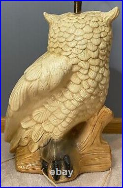 Vintage Mid-Century Plaster Chalkware Large White Owl Orange Eyes 31 Table Lamp