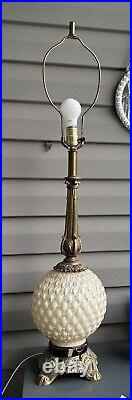 Vintage Mid Century Quilted Glass Brass Hollywood Regency Table Lamp Art Nouveau