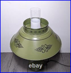 Vintage Mid Century Retro Green Metal Tole Toleware Hurricane Glass Table Lamp