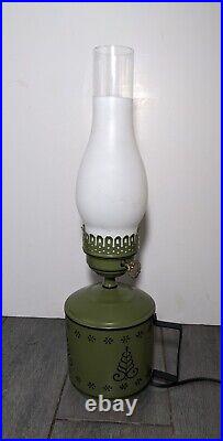 Vintage Mid Century Retro Green Metal Tole Toleware Hurricane Glass Table Lamp