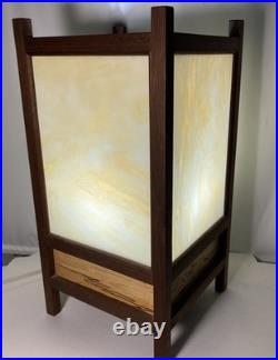 Vintage Mid Century Stained Glass & Teakwood Light Box Table Lamp-19x10x10-EUC
