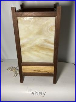 Vintage Mid Century Stained Glass & Teakwood Light Box Table Lamp-19x10x10-EUC