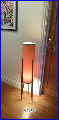 Vintage Mid Century Teak Floor / Table Lamp Cylindrical Orange Shade. 98cm Tall