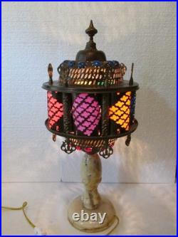 Vintage Middle Eastern Moroccan Lamp Alabaster Colored Jewel Inserts Brass Boho Vintage Middle Eastern Moroccan Lamp Alabaster Colored Jewel Inserts Brass Boho