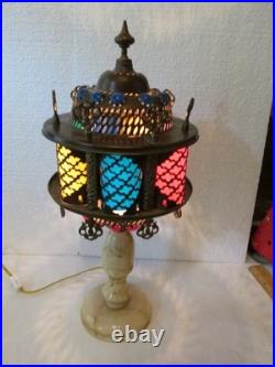Vintage Middle Eastern Moroccan Lamp Alabaster Colored Jewel Inserts Brass Boho