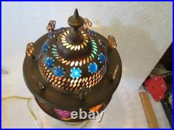 Vintage Middle Eastern Moroccan Lamp Alabaster Colored Jewel Inserts Brass Boho