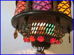Vintage Middle Eastern Moroccan Lamp Alabaster Colored Jewel Inserts Brass Boho