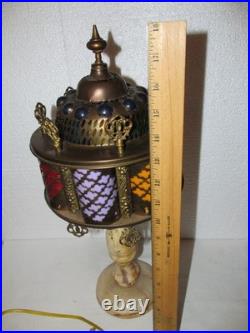 Vintage Middle Eastern Moroccan Lamp Alabaster Colored Jewel Inserts Brass Boho