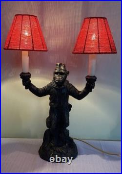 Vintage Monkey Bellhop 2 Light Table Lamp-Dual Red Beaded Glass Shades 19.5-EC