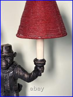 Vintage Monkey Bellhop 2 Light Table Lamp-Dual Red Beaded Glass Shades 19.5-EC