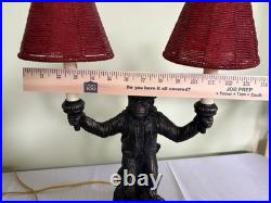 Vintage Monkey Bellhop 2 Light Table Lamp-Dual Red Beaded Glass Shades 19.5-EC