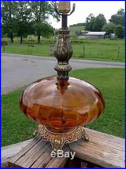Vintage Novelty Crystal Mid Century retro Brass Amber Glass Lamp RARE